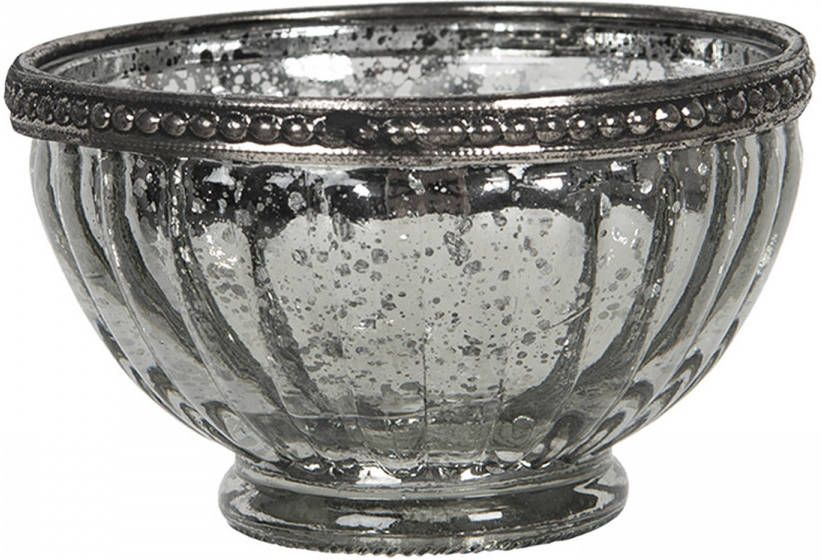 Clayre & Eef Theelichthouder Ø 10x6 Cm Zilverkleurig Glas Metaal Rond Waxinelichthouder Windlichthouder Zilverkleurig