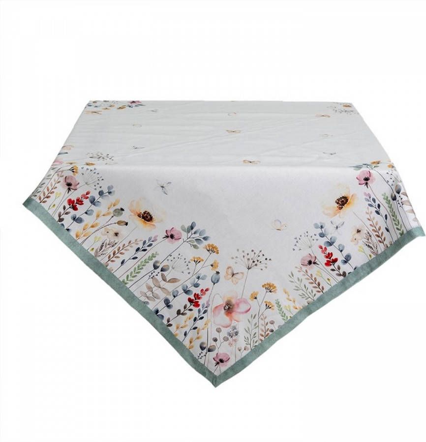 Clayre & Eef Tafelkleed 130x180 cm Wit Groen Katoen Rechthoek Bloemen