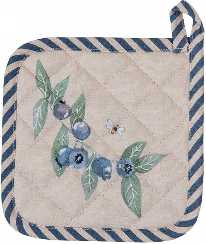 Clayre & Eef Kind Pannenlap 16x16 Cm Beige Blauw Katoen Bosbessen Afgiet Pannenlap Keukentextiel Kinder Keuken Beige
