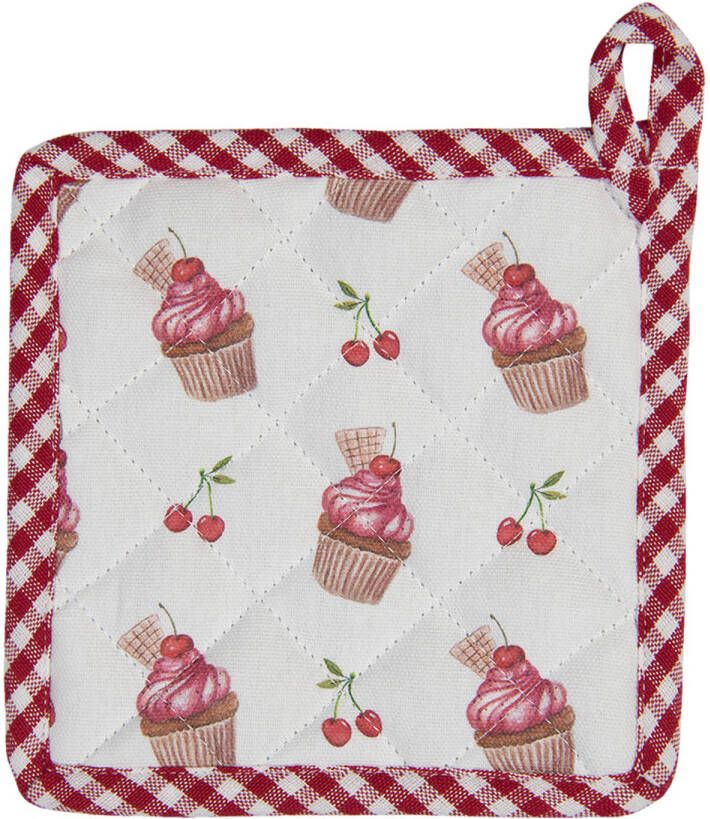 Clayre & Eef Kind Pannenlap 16x16 Cm Rood Roze Katoen Cupcakes Moeder Dochter Keukentextiel Kinder Keuken Rood Moeder