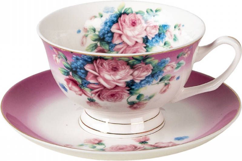 Clayre & Eef Kop En Schotel 200 Ml Paars Porselein Rond Bloemen Servies Cadeau Voor Haar Cappuccino Paars Servies