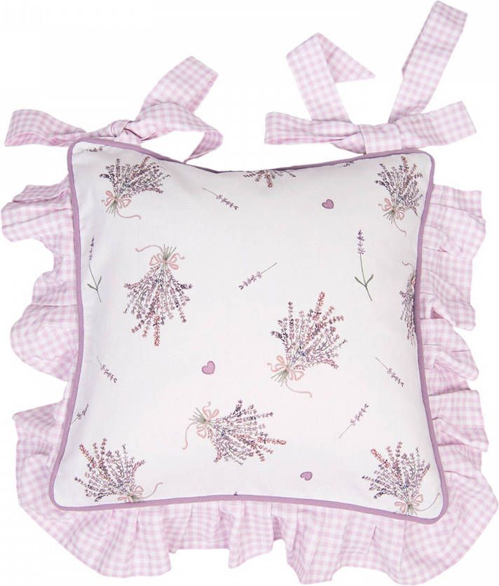 Clayre & Eef Kussenhoes Stoelkussen 40x40 Cm Paars Wit Katoen Vierkant Lavendel Sierkussen Kussensloop Kussenbeschermer