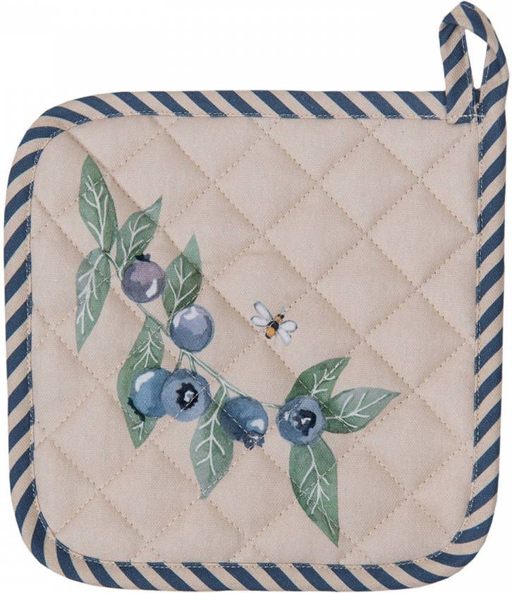 Clayre & Eef Pannenlap 20x20 Cm Beige Blauw Katoen Vierkant Bosbessen Afgiet Pannenlap Afgiethulp Beige Afgiet