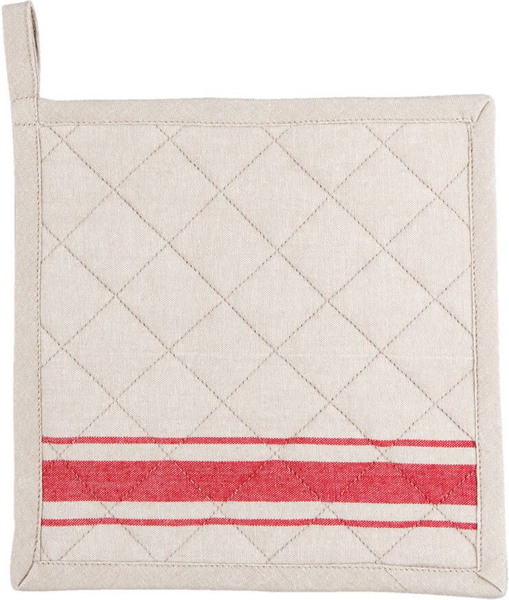 Clayre & Eef Pannenlap 20*20 Cm Beige, Rood Katoen Vierkant Rood Streep Afgiet Pannenlap Afgiethulp Pannelap Beige
