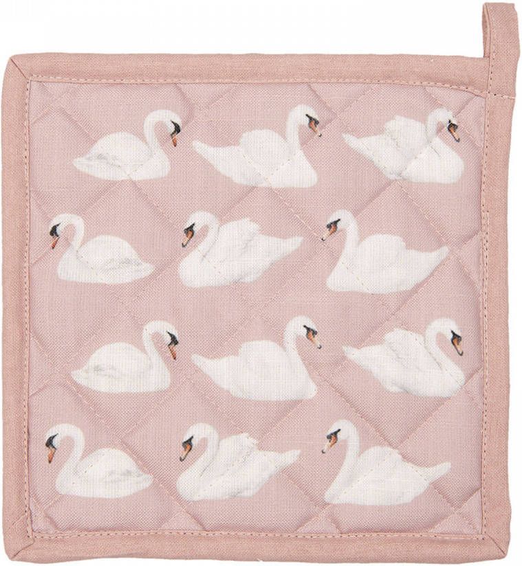 Clayre & Eef Pannenlap 20*20 Cm Wit, Roze Katoen, Polyester Vierkant Zwanen Afgiet Pannenlap Afgiethulp Pannelap Roze