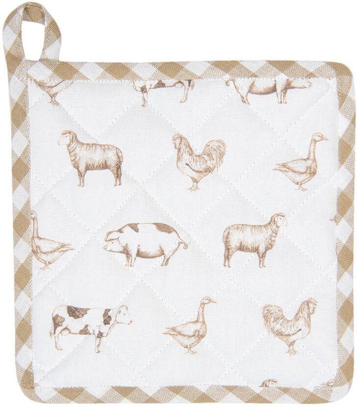 Clayre & Eef Pannenlap 20x20 Cm Beige Katoen Vierkant Boerderij Dieren Afgiet Pannenlap Afgiethulp Pannenlap Beige