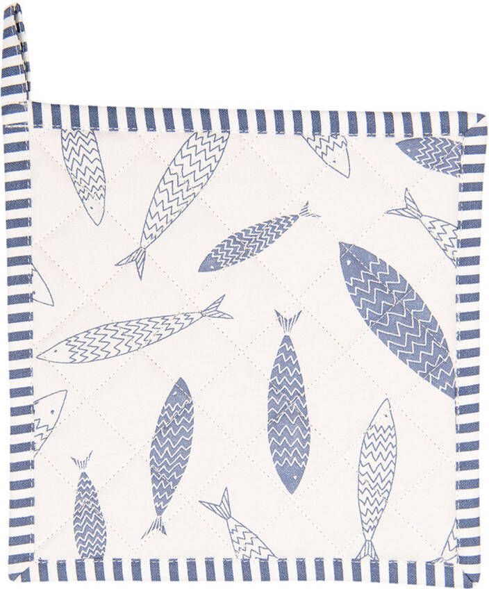 Clayre & Eef Pannenlap 20x20 Cm Blauw Beige Katoen Vierkant Vissen Afgiet Pannenlap Afgiethulp Pannenlap Blauw Afgiet