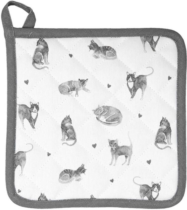 Clayre & Eef Pannenlap 20x20 Cm Grijs Wit Katoen Vierkant Katten Afgiet Pannenlap Afgiethulp Pannenlap Grijs Afgiet