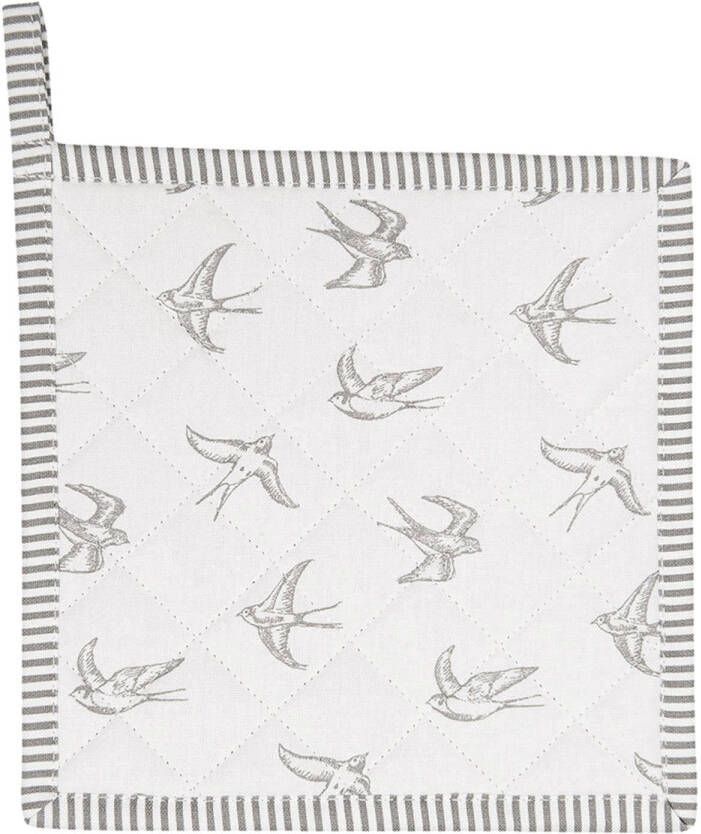 Clayre & Eef Pannenlap 20x20 Cm Grijs Wit Katoen Vierkant Zwaluw Afgiet Pannenlap Afgiethulp Pannenlap Grijs Afgiet