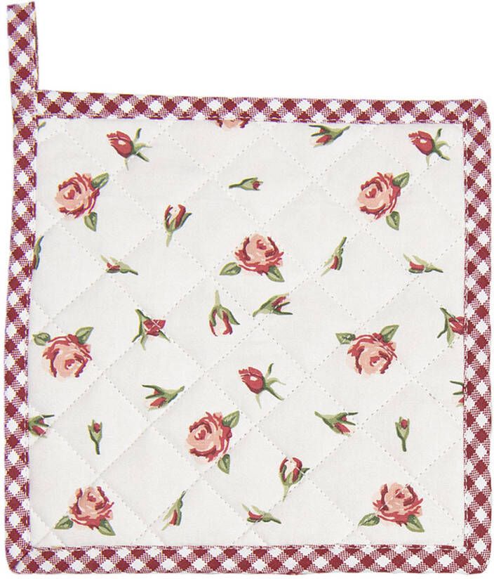 Clayre & Eef Pannenlap 20x20 Cm Rood Wit Katoen Vierkant Rozen Afgiet Pannenlap Afgiethulp Pannenlap Rood Afgiet