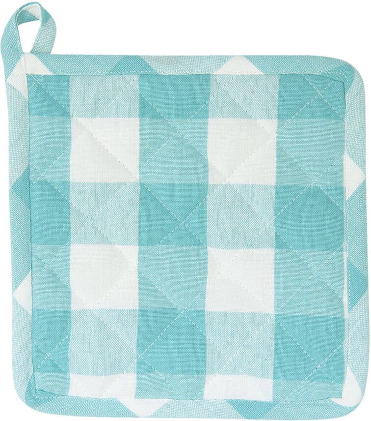 Clayre & Eef Pannenlap 20x20 Cm Turquoise Katoen Vierkant Ruit Afgiet Pannenlap Afgiethulp Pannenlap Blauw Afgiet