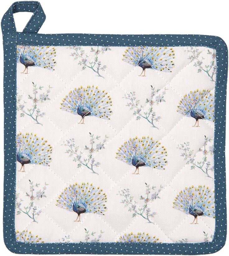 Clayre & Eef Pannenlap 20x20 Cm Wit Blauw Katoen Vierkant Pauw Afgiet Pannenlap Afgiethulp Pannenlap Blauw Afgiet