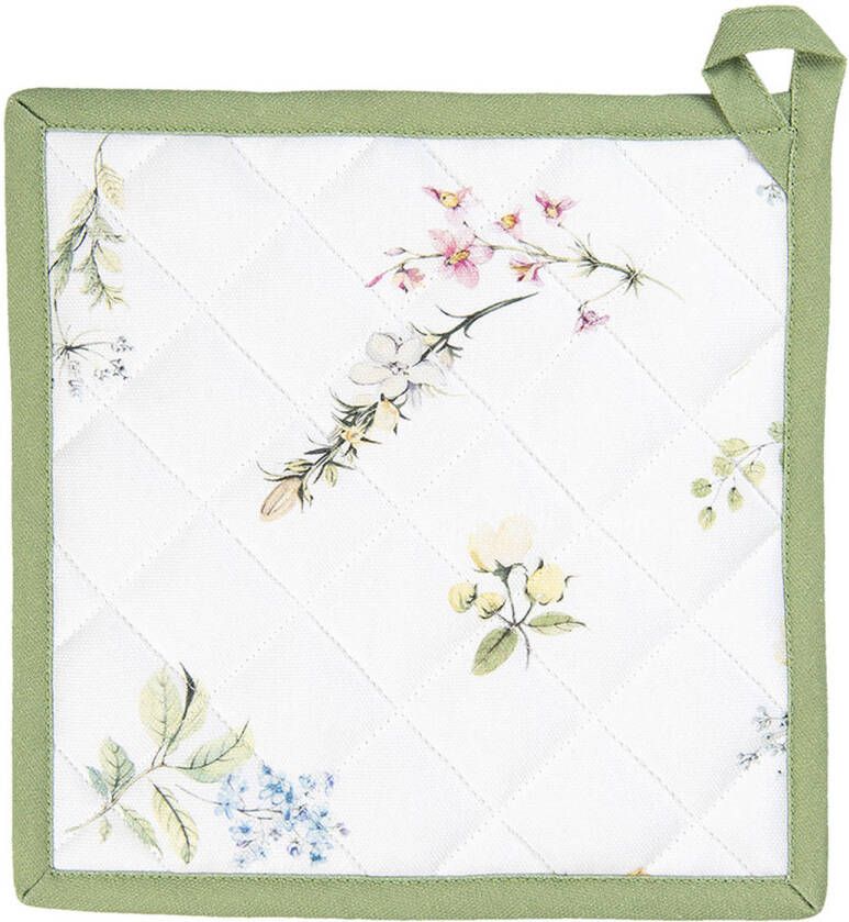 Clayre & Eef Pannenlap 20x20 Cm Wit Groen Katoen Vierkant Bloemen Afgiet Pannenlap Afgiethulp Pannenlap Wit Afgiet