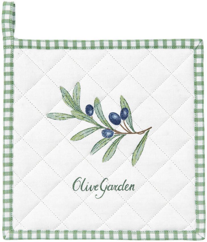 Clayre & Eef Pannenlap 20x20 Cm Wit Groen Katoen Vierkant Olijftak Afgiet Pannenlap Afgiethulp Pannenlap Groen Afgiet