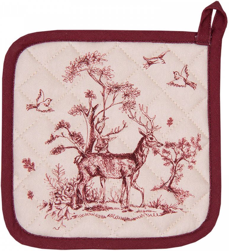 Clayre & Eef Pannenlap 20x20 Cm Wit Roze Katoen Vierkant Rendier Afgiet Pannenlap Afgiethulp Wit Afgiet Pannenlap