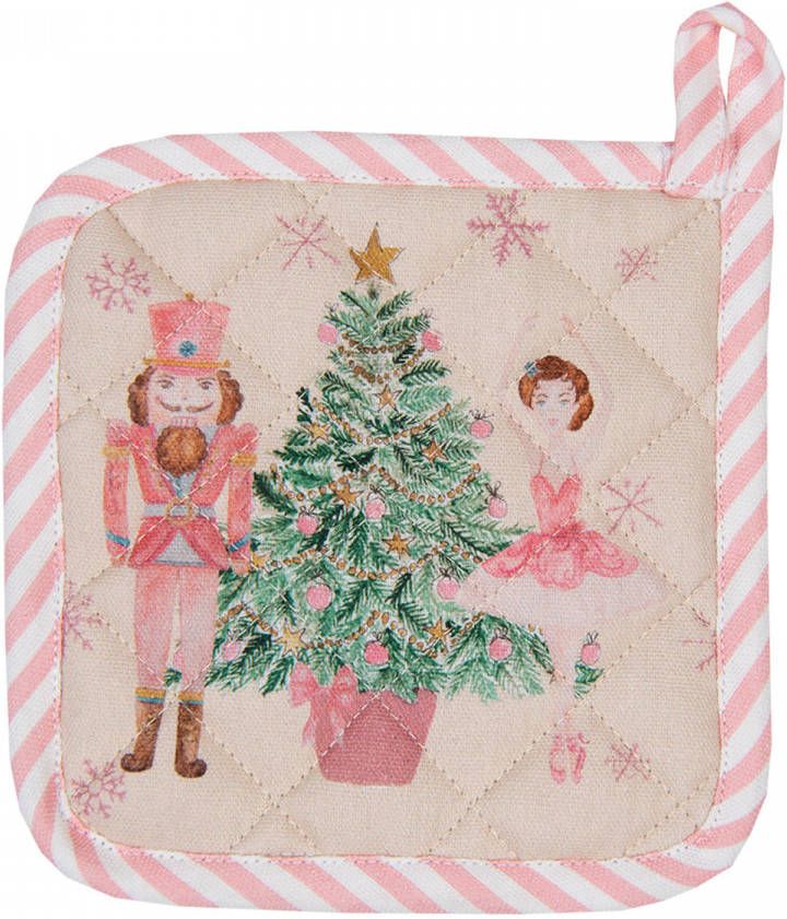 Clayre & Eef Pannenlap Kind 16x16 Cm Beige Roze Katoen Notenkraker Moeder Dochter Keukentextiel Kinder Keuken Beige