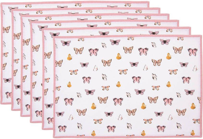 Clayre & Eef Placemats Set Van 6 48x33 Cm Beige Roze Katoen Vlinders Tafelmat Beige Tafelmat
