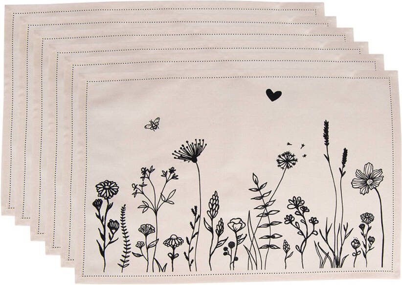 Clayre & Eef Placemats Set Van 6 48x33 Cm Beige Zwart Katoen Bloemen Tafelmat Beige Tafelmat