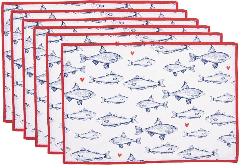 Clayre & Eef Placemats Set Van 6 48x33 Cm Wit Blauw Katoen Rechthoek Vissen Tafelmat Wit Tafelmat