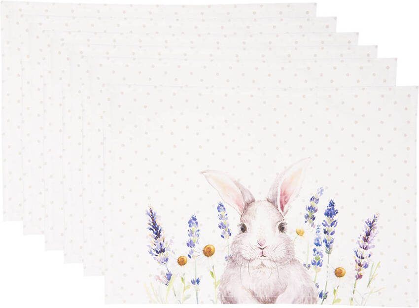 Clayre & Eef Placemats Set Van 6 48x33 Cm Wit Roze Katoen Rechthoek Lavendel Konijn Tafelmat Wit Tafelmat