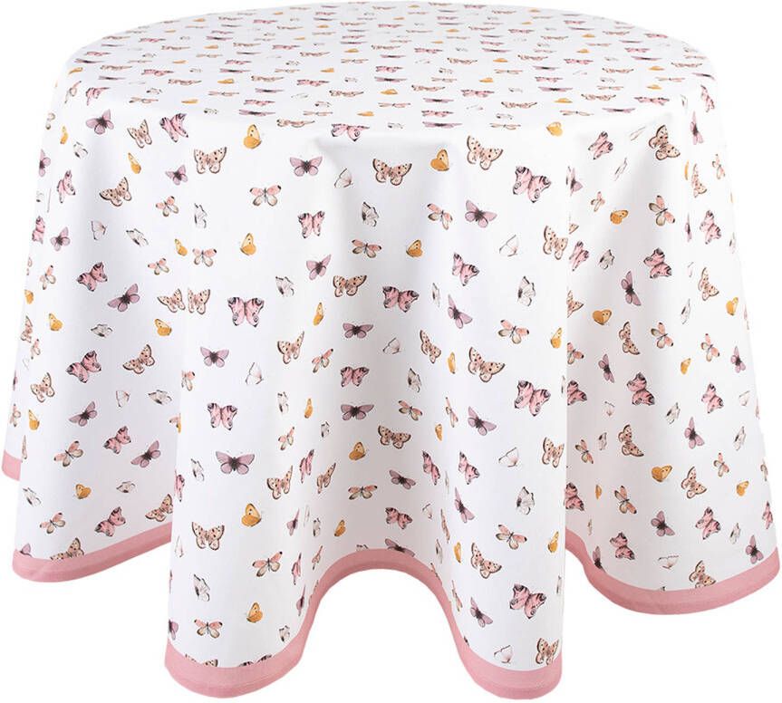 Clayre & Eef Rond Tafelkleed Ø 170 Cm Beige Roze Katoen Rond Vlinders Tafellaken Tafellinnen Tafeltextiel Beige