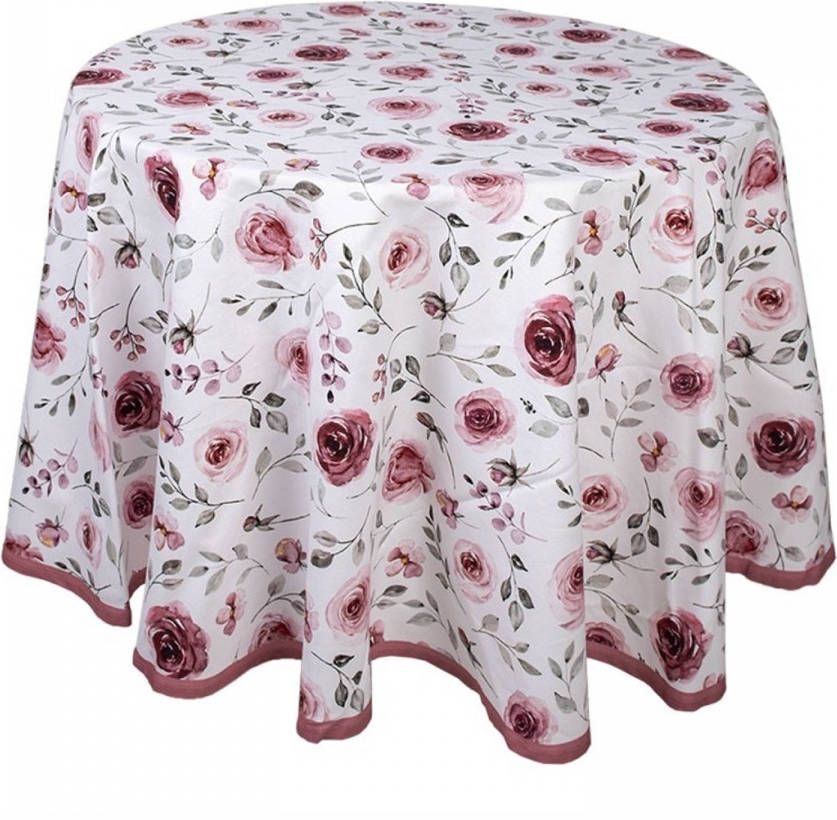 Clayre & Eef Tafelkleed Ø 170 cm Wit Roze Katoen Rond Rozen Tafellaken