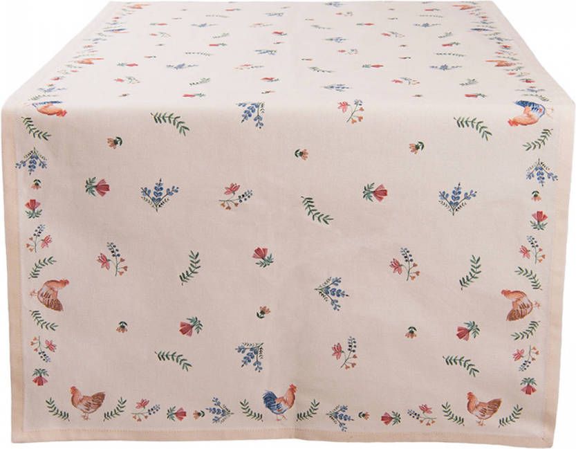 Clayre & Eef Tafelloper 50x140 Cm Beige Blauw Katoen Rechthoek Kip En Haan Tafelkleed Loper Tafeltextiel Beige
