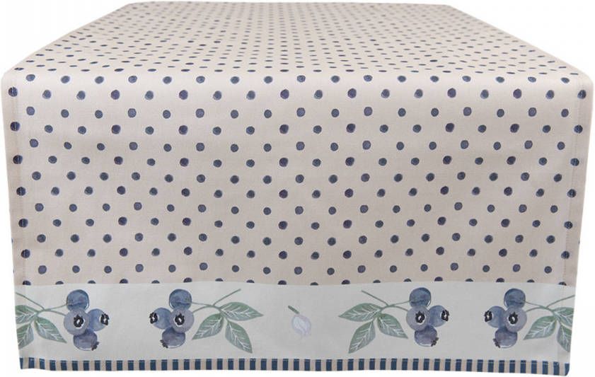 Clayre & Eef Tafelloper 50x140 Cm Beige Blauw Katoen Rechthoek Bosbessen Tafelkleed Loper Tafeltextiel Beige Tafelkleed