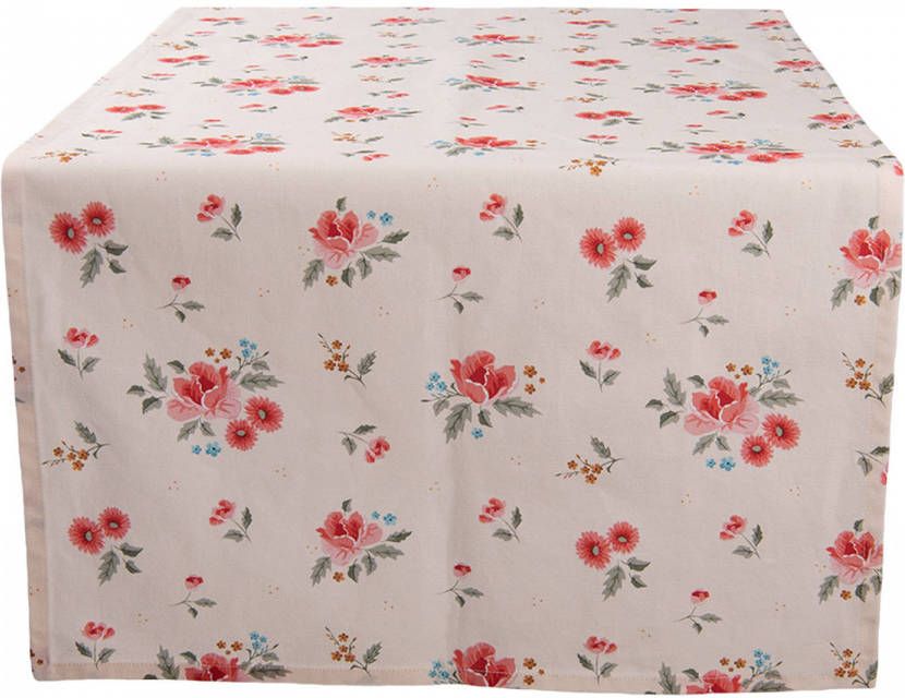 Clayre & Eef Tafelloper 50x140 Cm Beige Katoen Rechthoek Rozen Tafelkleed Loper Tafeltextiel Beige Tafelkleed Loper
