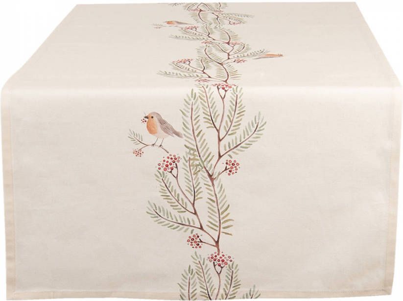 Clayre & Eef Tafelloper 50x140 Cm Beige Groen Katoen Rechthoek Vogel Tafelkleed Loper Tafeltextiel Beige Tafelkleed