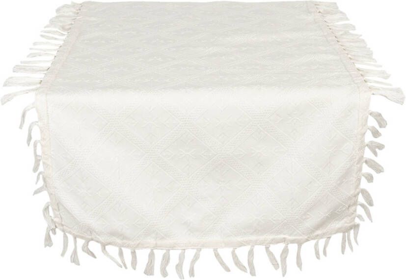 Clayre & Eef Tafelloper 50*140 Cm Creme Katoen Rechthoek Tafelkleed Loper Tafeltextiel Creme Tafelkleed Loper