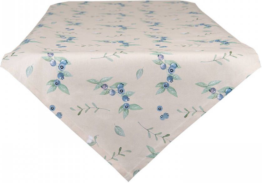 Clayre & Eef Tafelloper 50x160 Cm Beige Blauw Katoen Rechthoek Bosbessen Tafelkleed Loper Tafeltextiel Beige Tafelkleed