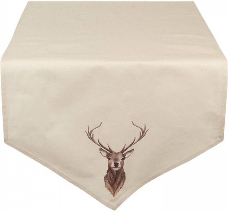 Clayre & Eef Tafelloper 50x160 Cm Beige Bruin Katoen Rechthoek Hert Tafelkleed Loper Tafeltextiel Beige Tafelkleed
