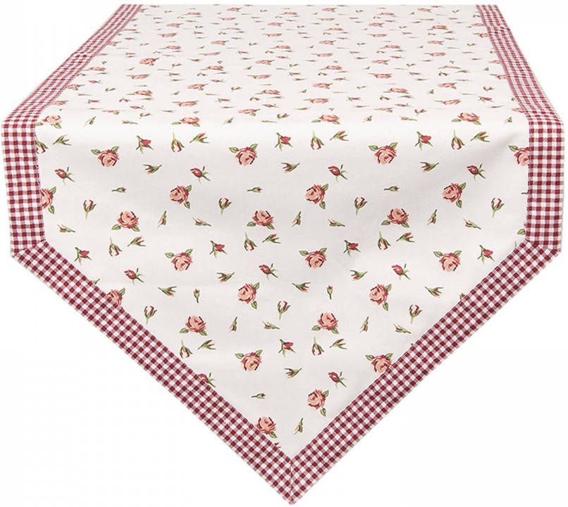 Clayre & Eef Tafelloper 50x160 Cm Rood Wit Katoen Rechthoek Rozen Tafelkleed Loper Tafeltextiel Rood Tafelkleed Loper