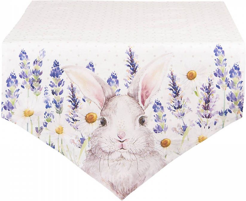 Clayre & Eef Tafelloper 50x160 Cm Wit Roze Katoen Rechthoek Lavendel Konijn Tafelkleed Loper Tafeltextiel Wit