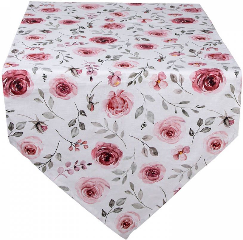 Clayre & Eef Tafelloper 50x160 Cm Roze Paars Katoen Rechthoek Rozen Tafelkleed Loper Tafeltextiel Roze Tafelkleed Loper
