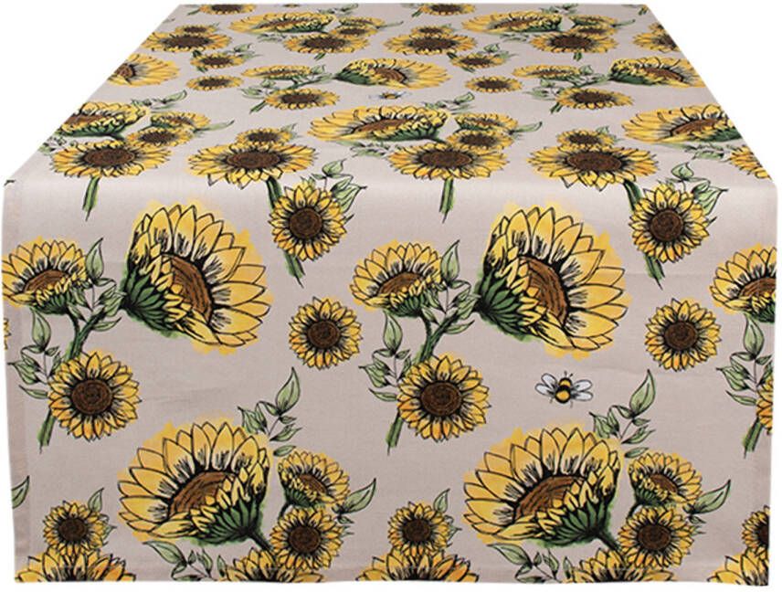 Clayre & Eef Tafelloper 50x140 Cm Beige Geel Katoen Zonnebloemen Tafelkleed Loper Tafeltextiel Beige Tafelkleed Loper