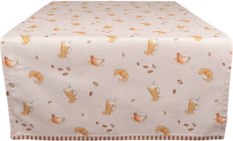 Clayre & Eef Tafelloper 50x140 Cm Beige Katoen Croissant En Koffie Tafelkleed Loper Tafeltextiel Beige Tafelkleed Loper