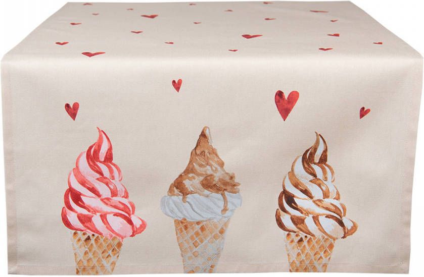 Clayre & Eef Tafelloper 50x140 Cm Beige Roze Katoen Rechthoek Ijsjes Tafelkleed Loper Tafeltextiel Beige Tafelkleed
