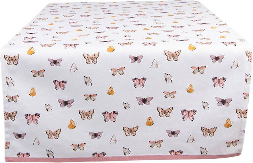 Clayre & Eef Tafelloper 50x140 Cm Beige Roze Katoen Vlinders Tafelkleed Loper Tafeltextiel Beige Tafelkleed Loper