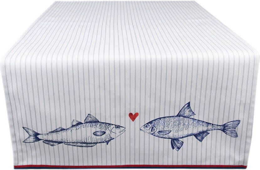 Clayre & Eef Tafelloper 50x140 Cm Wit Blauw Katoen Rechthoek Vissen Tafelkleed Loper Tafeltextiel Wit Tafelkleed Loper