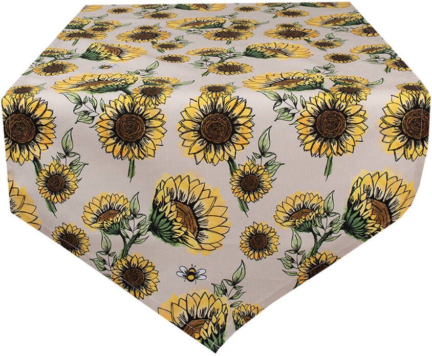 Clayre & Eef Tafelloper 50x160 Cm Beige Geel Katoen Zonnebloemen Tafelkleed Loper Tafeltextiel Beige Tafelkleed Loper