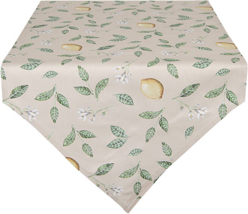 Clayre & Eef Tafelloper 50x160 Cm Beige Groen Katoen Rechthoek Citroen Tafelkleed Loper Tafeltextiel Beige Tafelkleed