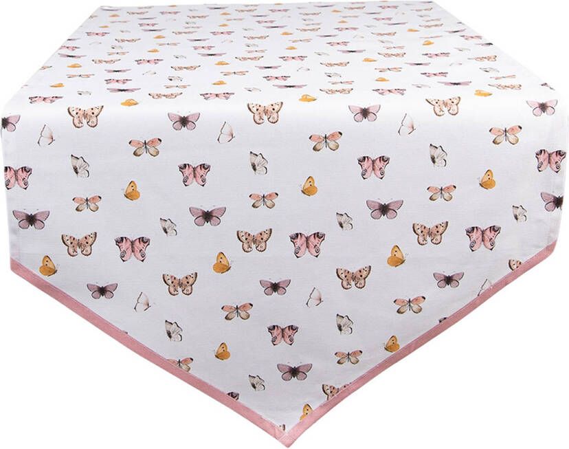 Clayre & Eef Tafelloper 50x160 Cm Beige Roze Katoen Vlinders Tafelkleed Loper Tafeltextiel Beige Tafelkleed Loper