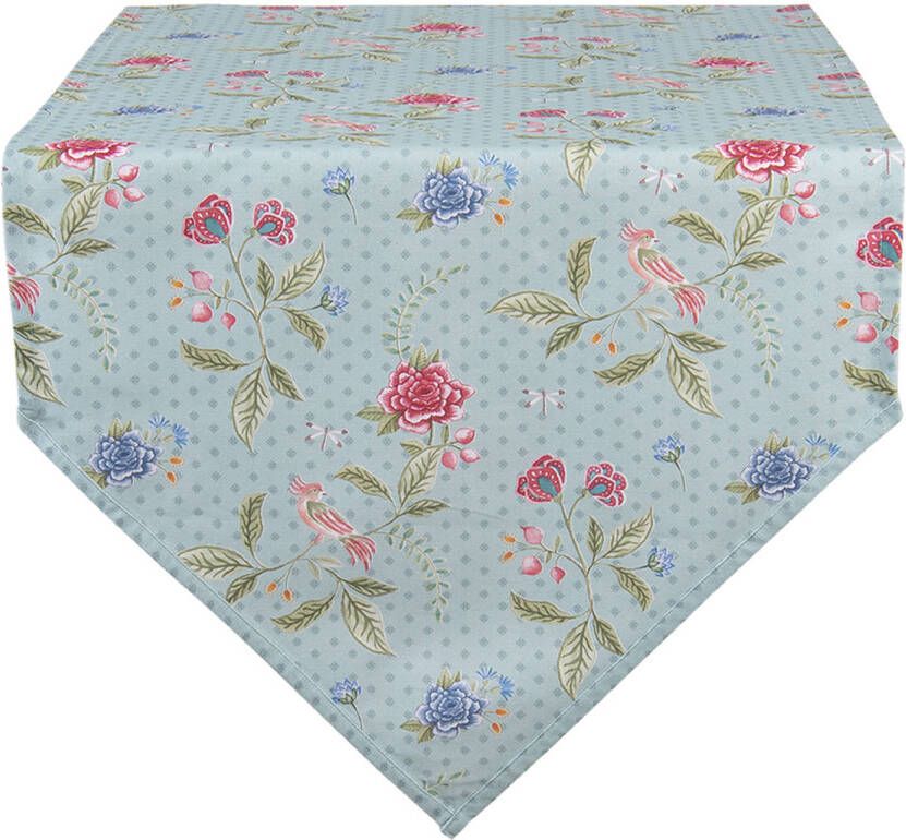Clayre & Eef Tafelloper 50x160 Cm Blauw Groen Katoen Rechthoek Bloemen Tafelkleed Loper Tafeltextiel Blauw Tafelkleed