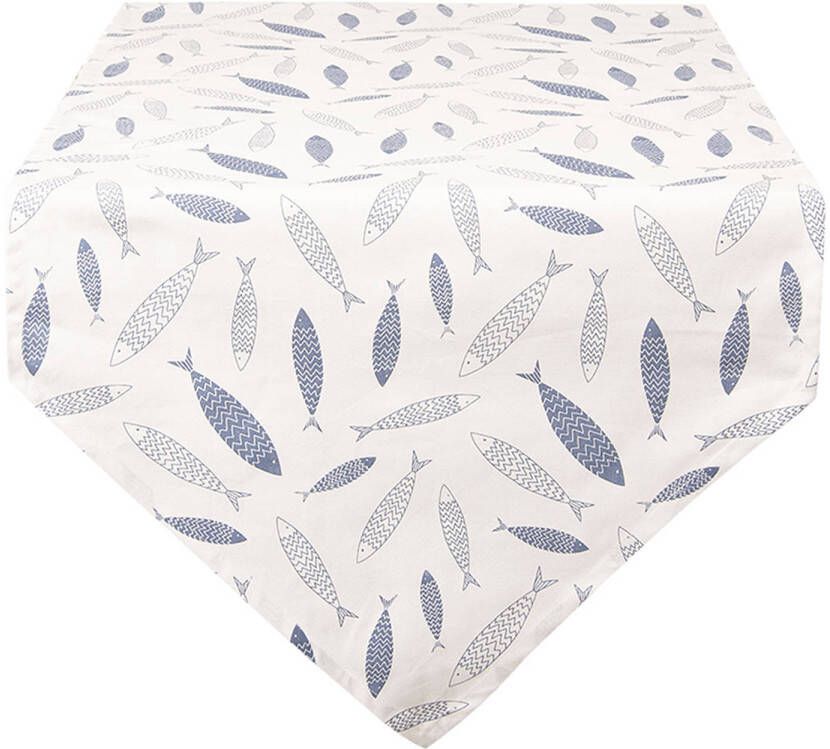 Clayre & Eef Tafelloper 50x160 Cm Blauw Wit Katoen Rechthoek Vissen Tafelkleed Loper Tafeltextiel Blauw Tafelkleed