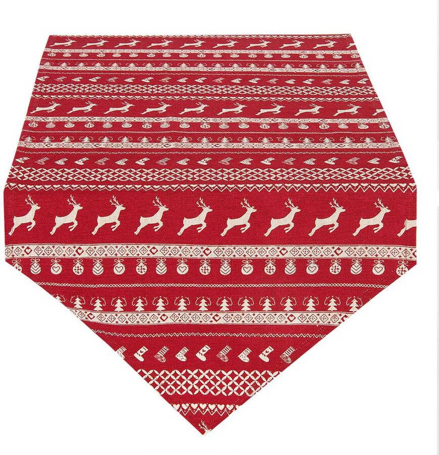 Clayre & Eef Tafelloper 50x160 Cm Rood Beige Katoen Rechthoek Herten En Kerst Tafelkleed Loper Tafeltextiel Rood