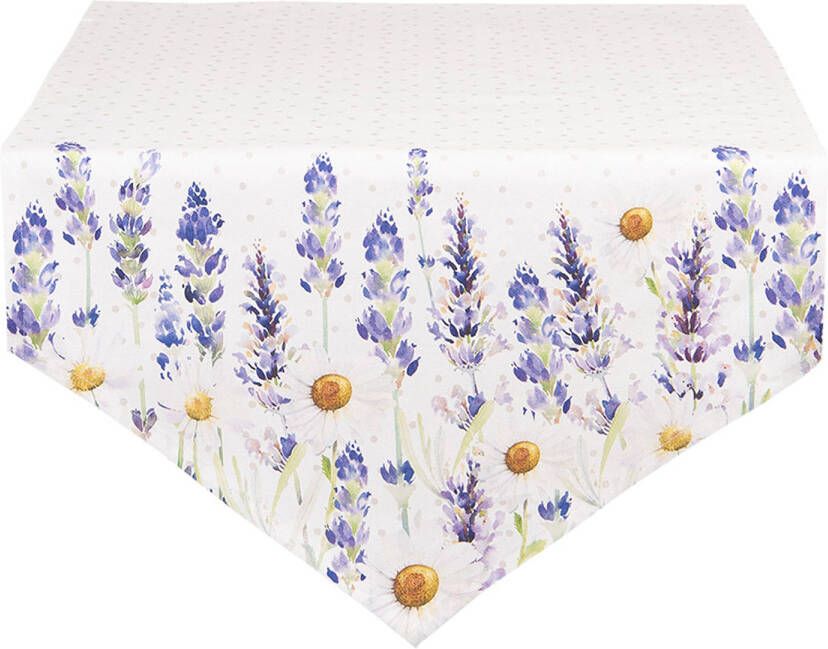 Clayre & Eef Tafelloper 50x160 Cm Wit Groen Katoen Rechthoek Lavendel Tafelkleed Loper Tafeltextiel Wit Tafelkleed