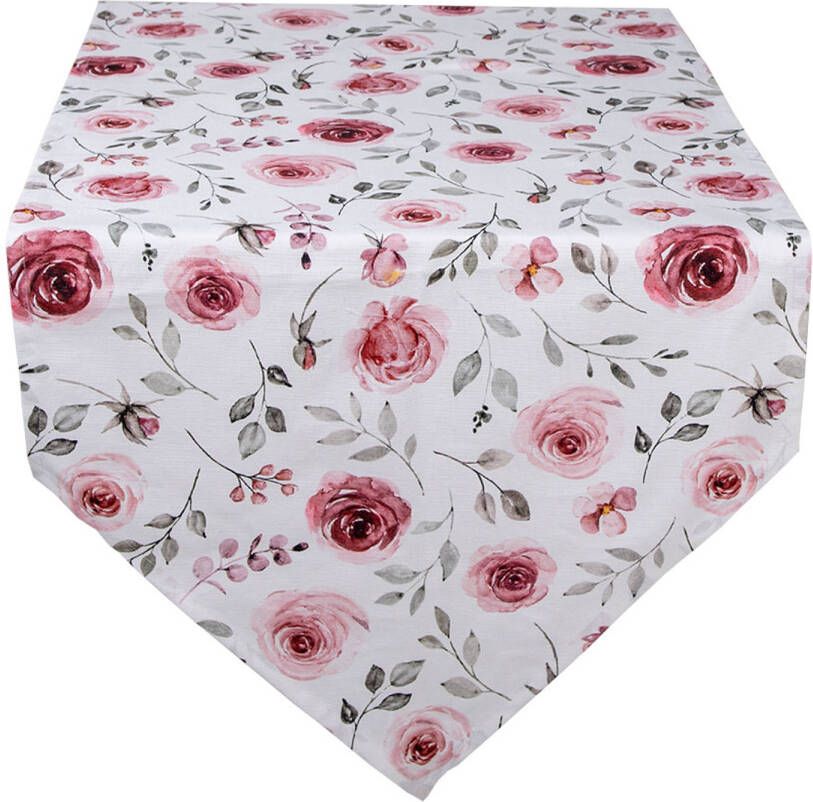 Clayre & Eef Tafelloper 50x160 Cm Wit Roze Katoen Rechthoek Rozen Tafelkleed Loper Tafeltextiel Wit Tafelkleed Loper