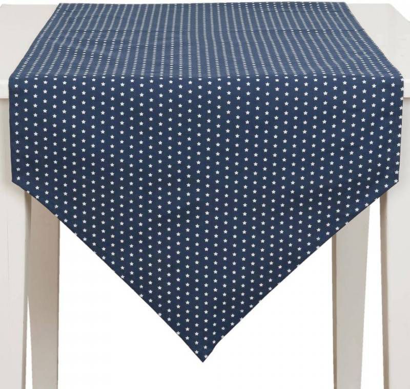 Clayre & Eef Tafelloper 50x160 Wit, Blauw Katoen, 100% Katoen